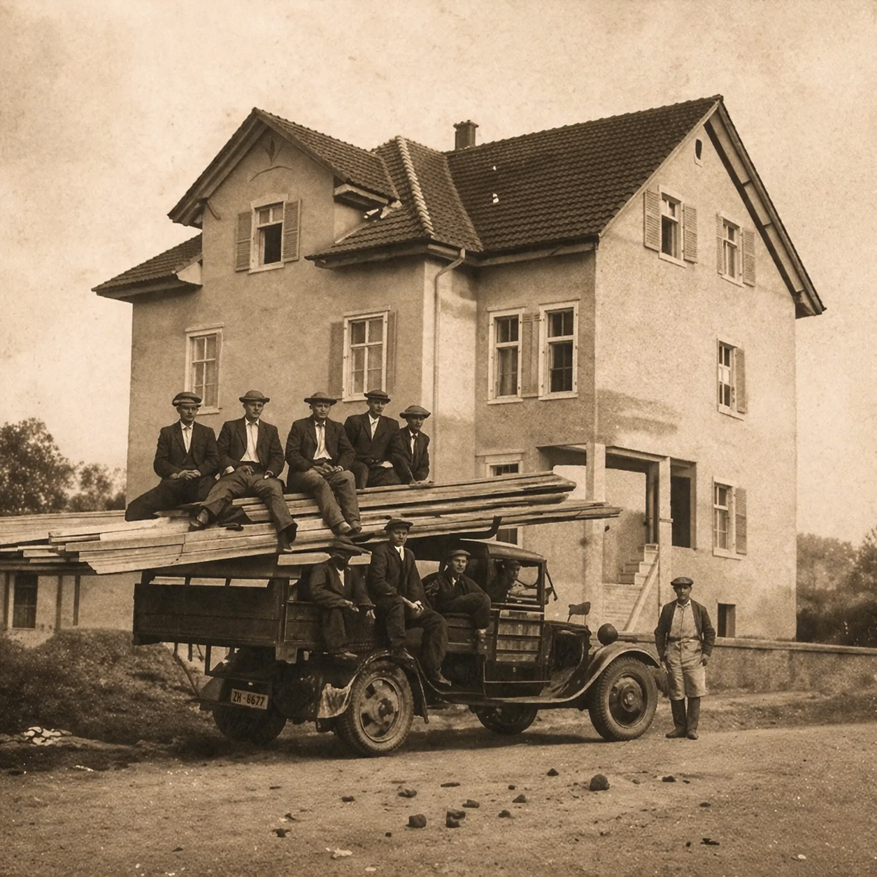 De Luigi AG – Gründerjahre um 1929: Baumannschaft mit Lastwagen vor einem Neubau