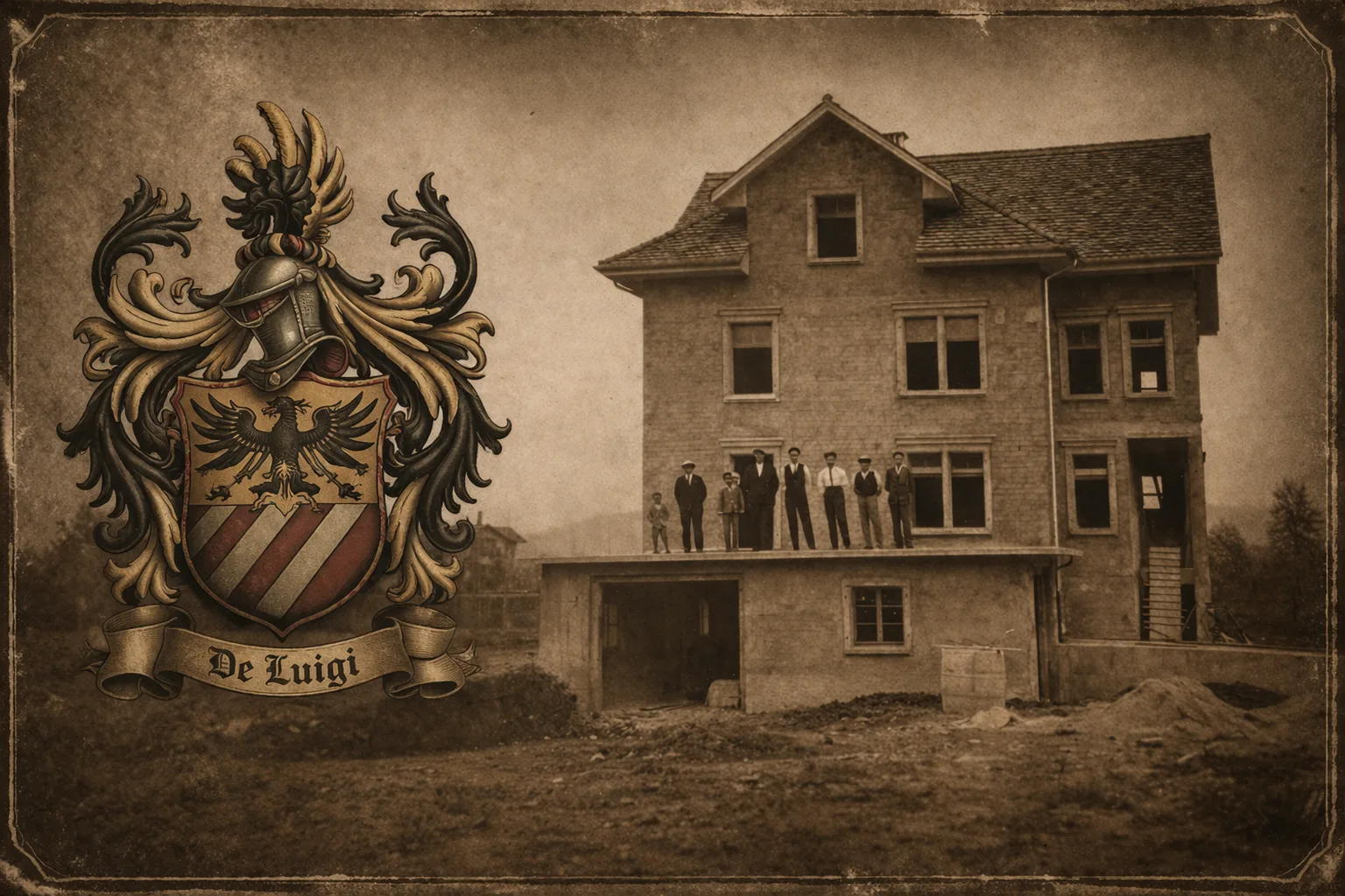 De Luigi AG – Historisches Foto um 1929: Bauherrschaft vor fertigem Haus mit Familienwappen